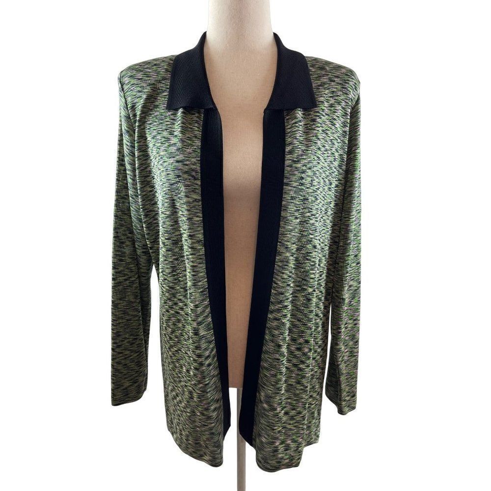 Exclusively Misook Collared Open Knit Cardigan Medium Spacedye Green Career